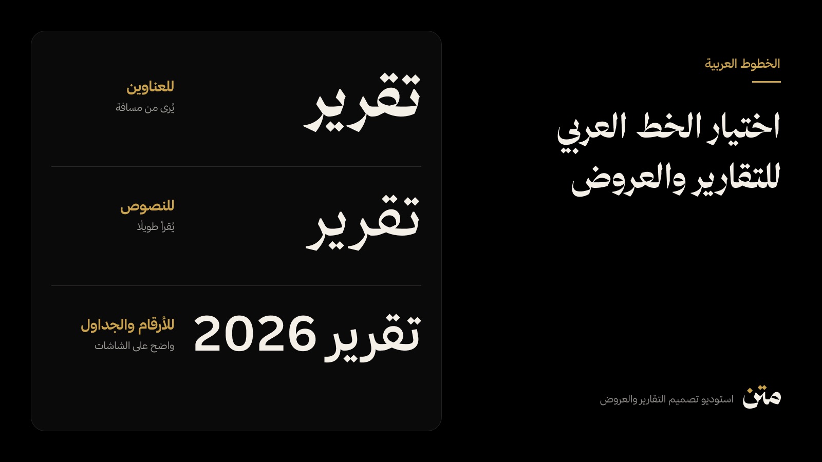 كلمة «تقرير» بثلاثة خطوط عربية: خط للعناوين، خط للنصوص، وخط للأرقام والجداول