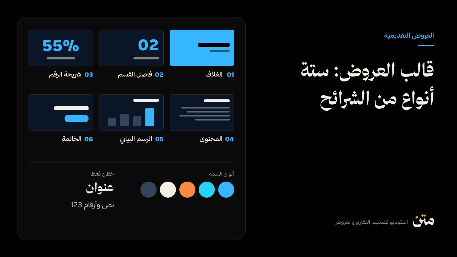 ستة أنواع من شرائح قالب العروض: غلاف، فاصل قسم، رقم، محتوى، رسم بياني، وخاتمة