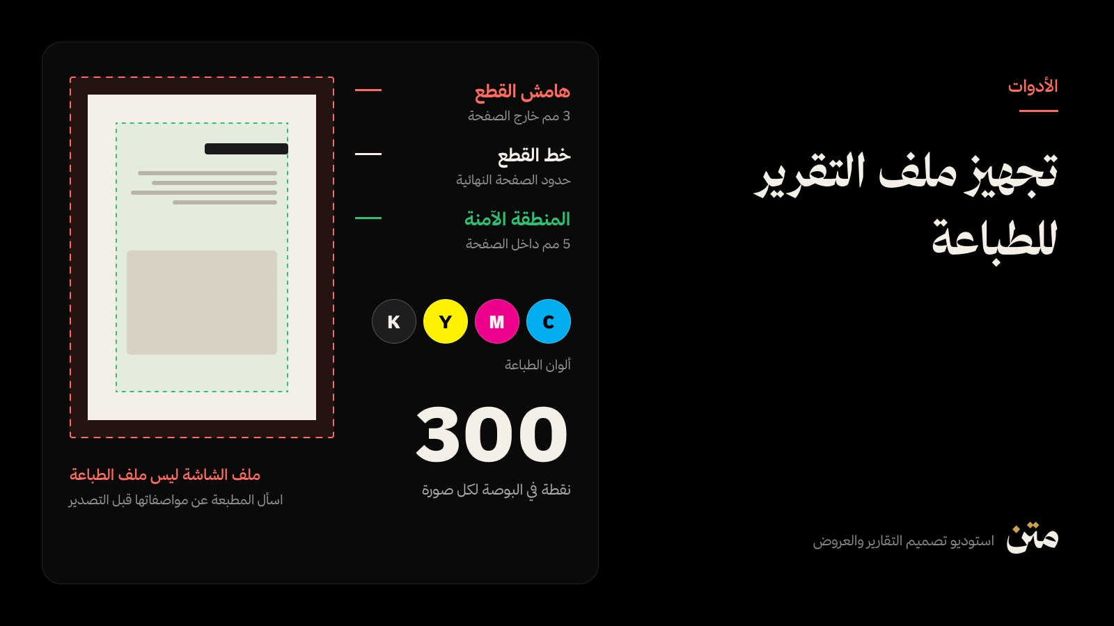 مخطط صفحة مطبوعة يوضّح خط القطع وهامش القطع والمنطقة الآمنة مع ألوان CMYK